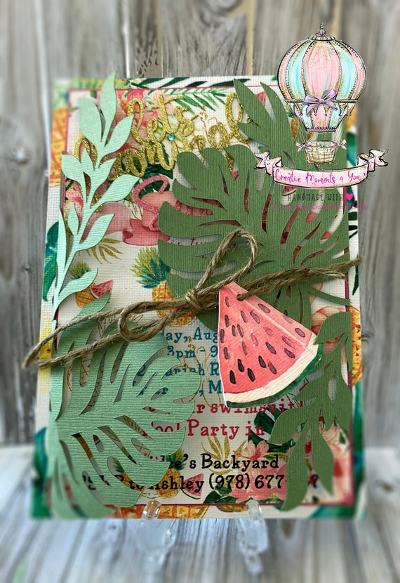 Tropical Flamingo Invitation, Tropical Palm leaves Invitations, Luau handmade invitation, Tropical Invites, Flamingo Birthday Party Il_570xn