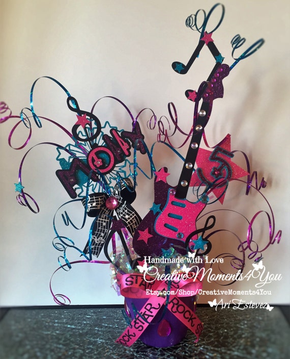 Birthday Girl Rock Star Guitar, Musical notes Table Center Piece Il_570xn