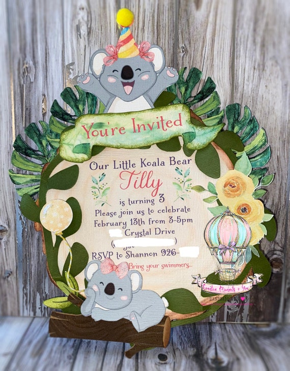 Cute Girl Koala Bear Birthday Invitation/ Little Koala Invitation/ Koala Invites/ Koala Birthday Invitation/ Koala Birthday Party Invitation Il_570xn