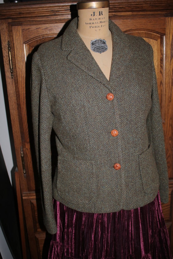 Vintage Green Wool-Blend Blazer with Suede Collar (L)