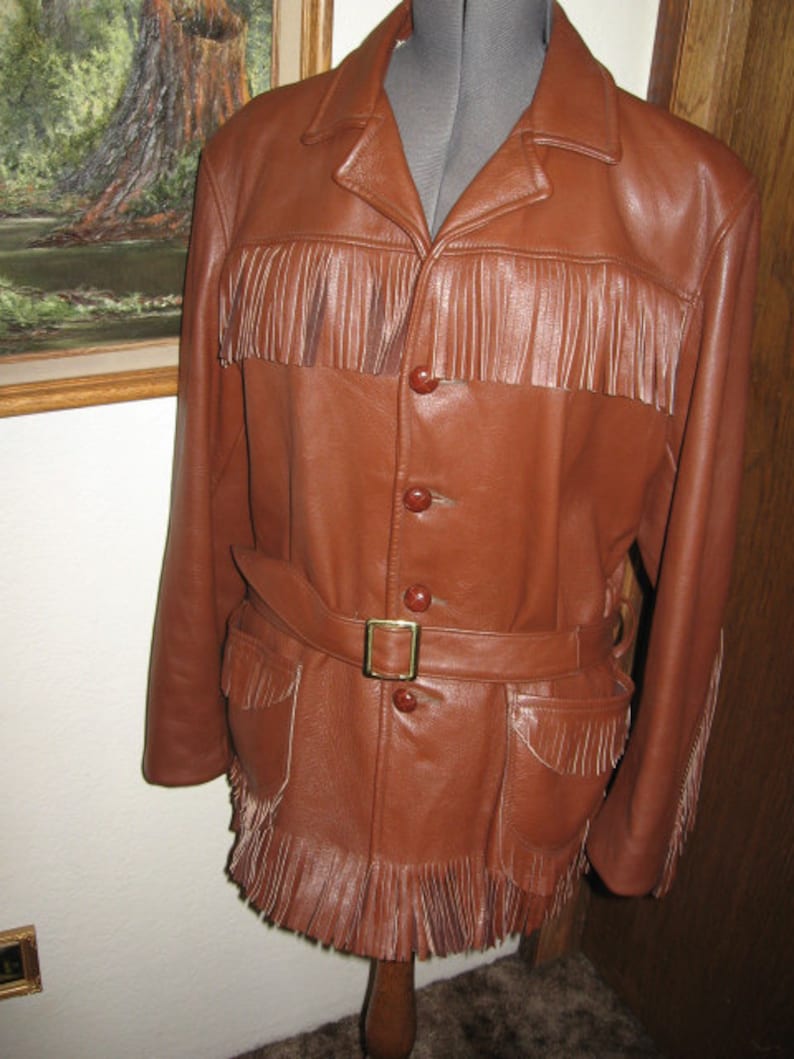 Deerskin Leather Jacket Large Belted Brown Men's Size 42 Etsy