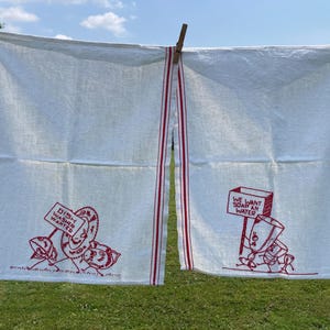 2 Vintage Hand Embroidered Red Stripe / White Novelty Tea Towels Kitschy Dishwasher Wanted Humorous Funny MCM
