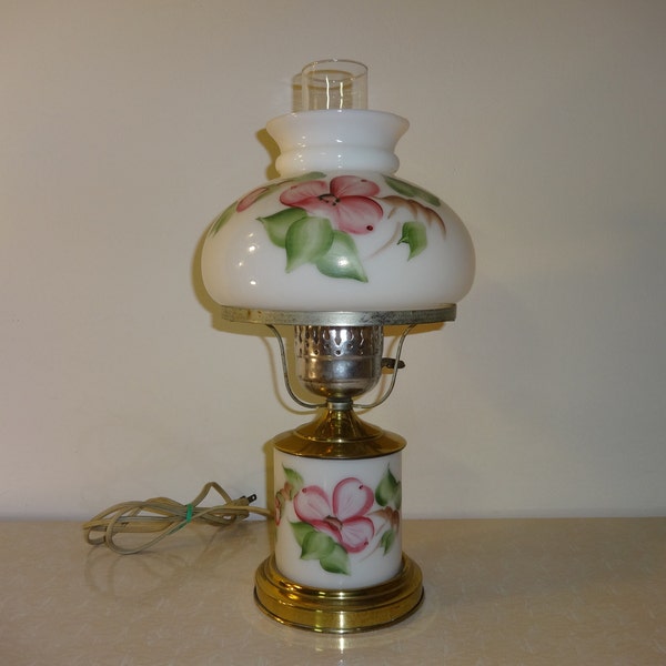 Vintage Pink Floral GWTW Style Hand Painted Shabby Milk Glass Hurricane Lamp