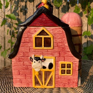 Vintage Light Red Barn with Silo, Cow and Duck Cookie Jar with Lid
