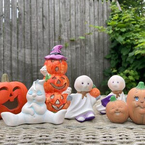 6 Vintage Whimsical Halloween Decorative Ceramics Jack O Lantern Pumpkins, Ghosts, Pumpkin Stack Tea Light Candle Holder