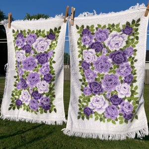 Nice Pair of Vintage Cannon Purple and White Floral Hand Towels with Fringe All Cotton