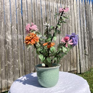 Large 19&quot; Vintage Jade Glass 8 Flowers Flowering Decorative Bonsai Tree in Celadon Pot