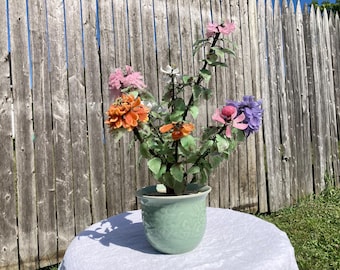 Large 19" Vintage Jade Glass 8 Flowers Flowering Decorative Bonsai Tree in Celadon Pot