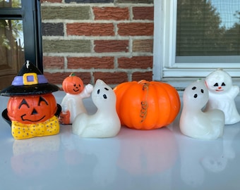 Lot of 6 Vintage Halloween Candles Unburned, Jack O Lantern, 4 Ghosts Ghosties and 1 Pumpkin
