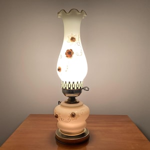 Vintage Ruffled Floral Tall Thin Hurricane Lamp Pale Yellow with Floral Design 3 Way Light GWTW
