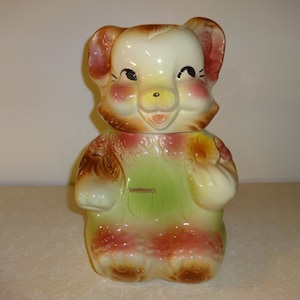 Vintage American Bisque Ceramic Teddy Bear Decorative Cookie Jar Mid Century 1950s Kitsch