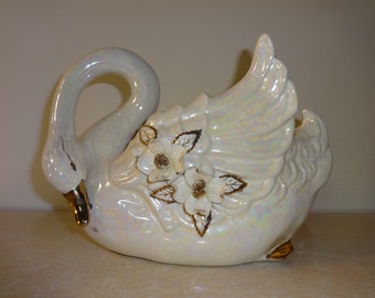 Vintage Norcrest Opalescent Swan Planter with Gold Features and Flowers for Valentine's Day or Everyday Decor