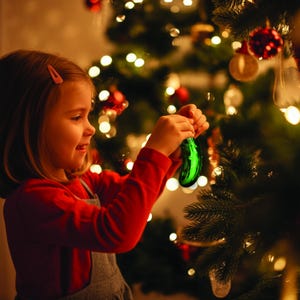 May include: A young girl is decorating a Christmas tree with a green pickle ornament. The pickle is a traditional German Christmas tradition.