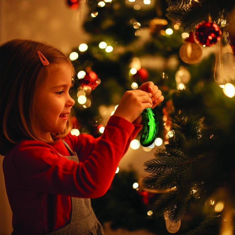 May include: A young girl is decorating a Christmas tree with a green pickle ornament. The pickle is a traditional German Christmas tradition.