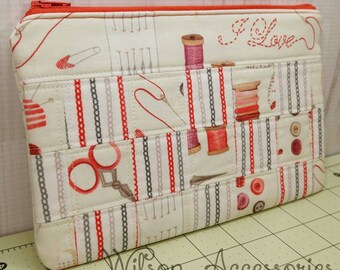 Sewing Themed Patchwork Zippered Pouch