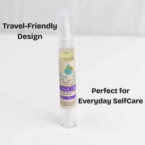 May include: A clear plastic nail oil pen with a white applicator tip and a label reading Rose Bestie Nail Oil 0.15 FL OZ / 5 ML. The text Travel-Friendly Design and Perfect for Everyday SelfCare are visible on the sides of the product container.