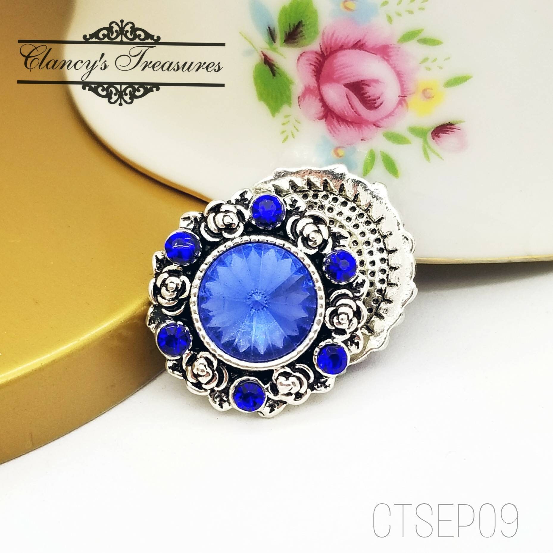 ,?Snap Chunk Button Flower With Blue Rhinestones For Ginger Snap Style Jewelry