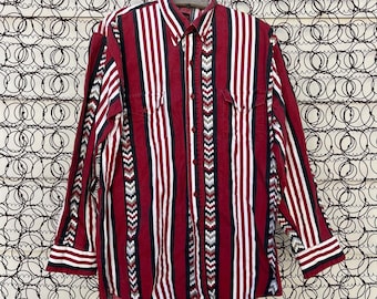 Vintage 90s Karman Aztec Maroon Stripe Southwestern Long Sleeve Button Up Shirt LARGE