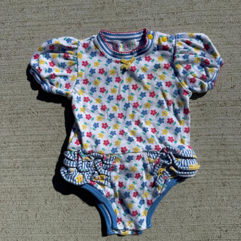 90s Gymboree Bold Primary Color Floral One Piece snap bottom hem ruffles INFANT image 1