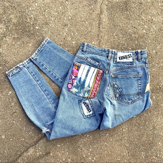 Brand Patched Distressed Taper Jeans | Etsy