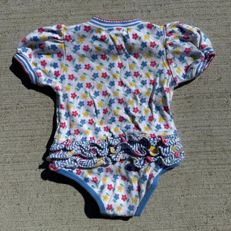 90s Gymboree Bold Primary Color Floral One Piece snap bottom hem ruffles INFANT image 2
