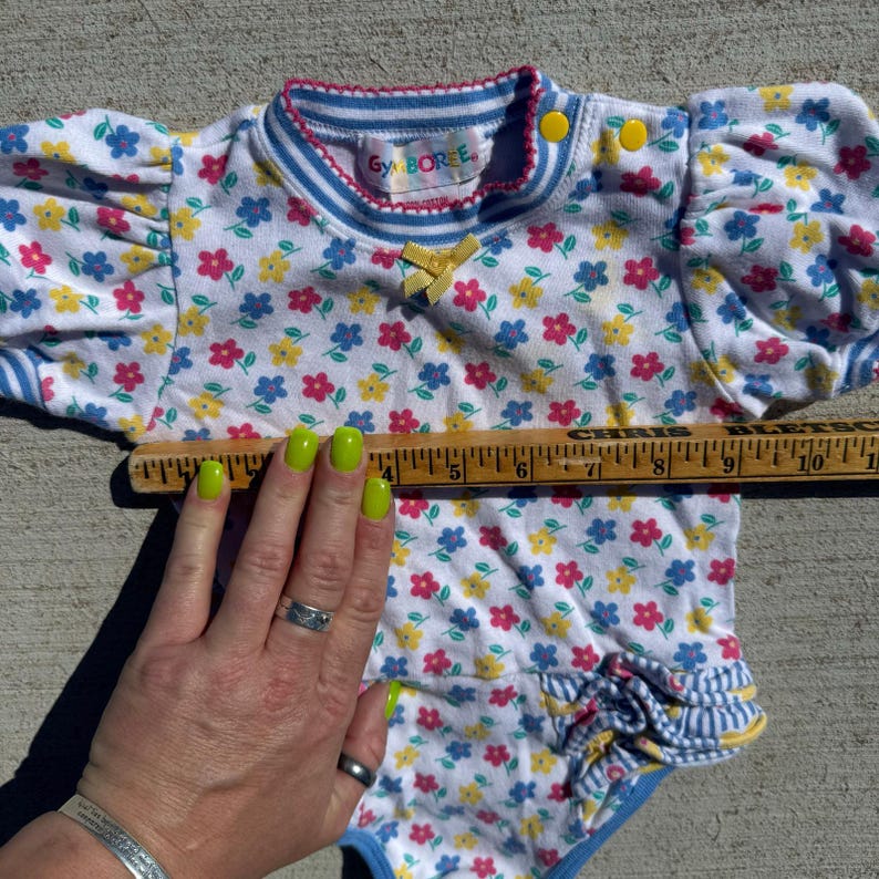 90s Gymboree Bold Primary Color Floral One Piece snap bottom hem ruffles INFANT image 10