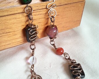 Handmade Mixed Stone Necklace with Agate, Tiger’s Eye & Bronze Wire Spirals, Boho Jewelry
