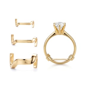 May include: A gold ring featuring a round, clear, faceted gemstone set in a six-prong head. The band has a unique, wavy, open-ended design with a visible 14K stamp. Three additional views of the gold band are shown, highlighting the wavy shape.