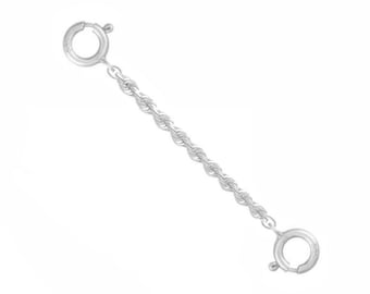 14k Solid White Gold 1.5mm Italian Diamond Cut Rope Chain Extender, Chain Guard 1" to 10" Spring Ring At Each End