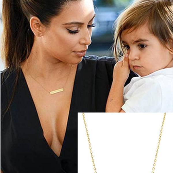 Gold Bar Necklace Nameplate - Kim Kardashian Mothers Engraved Children's Name Personalized Custom necklace Monogram Silver Celebrity Style