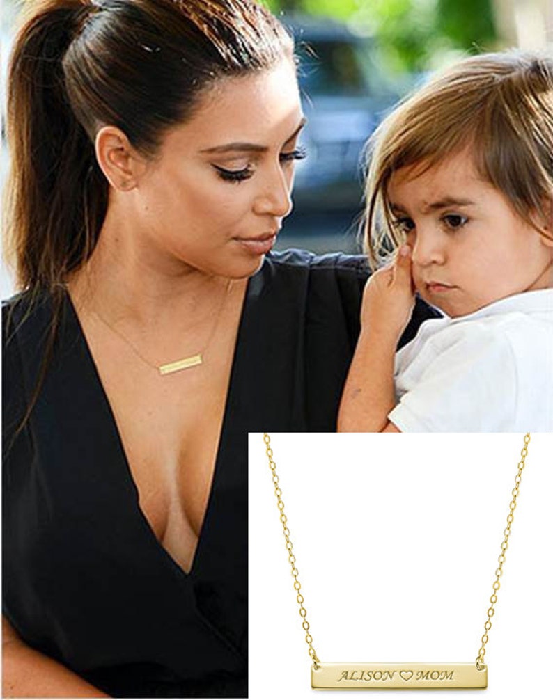 Gold Bar Necklace Nameplate Kim Kardashian Mothers Engraved Children's Name Personalized Custom necklace Monogram Silver Celebrity Style image 1