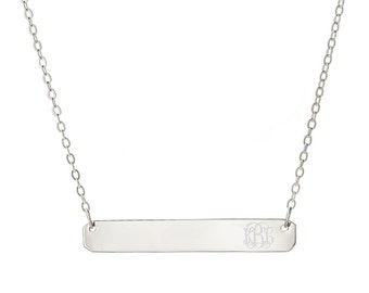 Rhodium White Gold Over 925 Sterling Silver Personalized Engraved Monogra Name Bar Necklace - Monogram Necklace - Nameplate Necklace