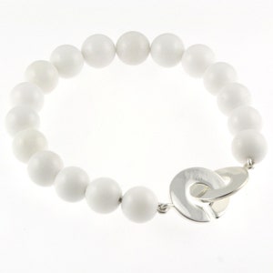 925 Sterling Silver Round Hook Clasp Bracelet / Natural 10mm White Jade 6&quot; to 9&quot; Long