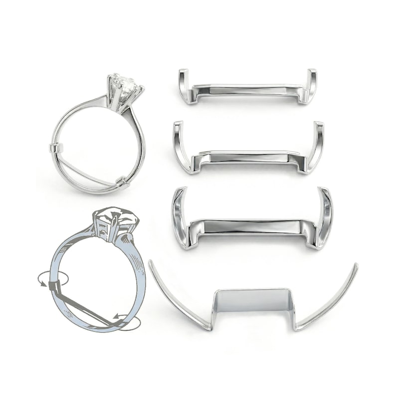 May include: A silver ring with a large, clear gemstone, shown with several silver ring size adjusters. An illustration shows how the ring size adjusters work to resize the ring. The ring and adjusters are on a white background.