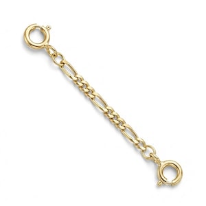 Extensor de cadena Figaro de 1,9 mm en oro amarillo macizo de 14 k, protector de cadena de 1" a 10" con anilla de resorte en cada extremo.