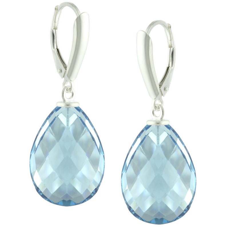 925 Sterling Silver Natural Faceted Pear London Blue Quartz Leverback Earrings image 1