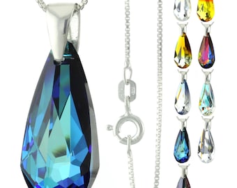 925 Sterling Silver Faceted Teardrop Swarovski Crystal Pendant Necklace