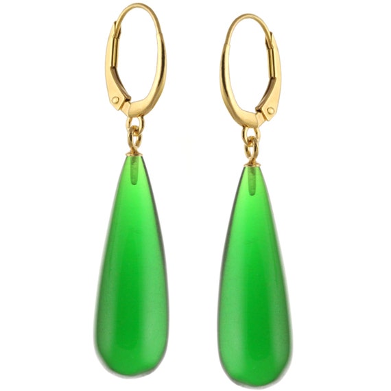 Rhodium White Gold Over Silver Natural Smooth Emerald Quartz Leverback Earrings