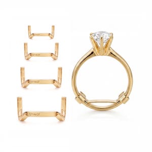 Könnte beinhalten: Ein goldener Ring mit einem klaren, runden Stein in einer Krappenfassung, begleitet von vier goldenen Ringverkleinerern in verschiedenen Größen. Jeder Verkleinerer trägt einen 14KGF-Stempel mit Diamantsymbol für den sicheren Halt am Ring.
