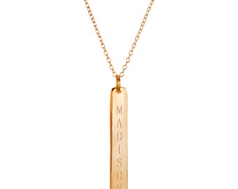 14k Rose Gold Over 925 Sterling Silver Personalized Engraved Any Name Vertical Name Bar Pendant - Nameplate Necklace - Engraved Necklace