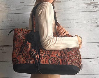Kilim Carpet Bag: Vegan Leather Detail, Large Hobo Tote
