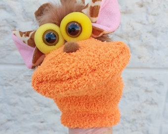 Orange Giraffe, Handmade Sock Puppet, Toy for Kids, Hand Puppets with Movable Mouth,