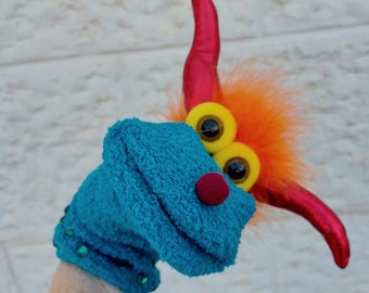 Turquoise Dragon Sock Puppet, Professional Made, Unique Handmade Puppets, Christmas Colors Gift