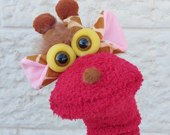 Red Giraffe Sock Puppet, Animal sock puppet toys, handmade hand puppets for girls, Educational toys for kids