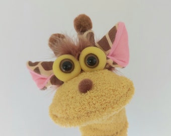 Yellow Mustard Giraffe Sock Puppet, Animal professional doll, handmade hand puppets for girls, Educational toys for kids