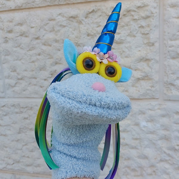 Light Blue Unicorn Sock Puppet, Soft Hand Doll , Birthday Present For Preschool Girls
