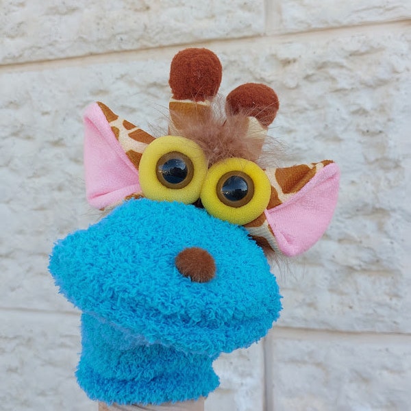 Turquoise Sock Puppet Giraffe For  Toddler, Animal SoftToy, Birthday Gift