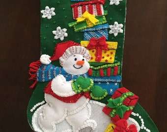 Completed Bucilla Stocking “Snowman with Presents”