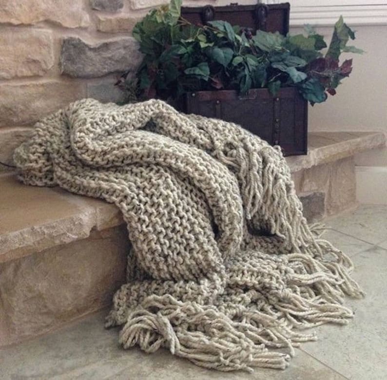 Knittted Blanket Chunky Blanket Oatmeal Colored Blanket Etsy