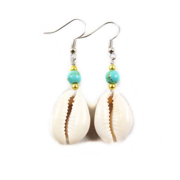 Earrings with Cowrie Shells and Turquoise Beads - Thailand Tribal Surfer Ear Dangles